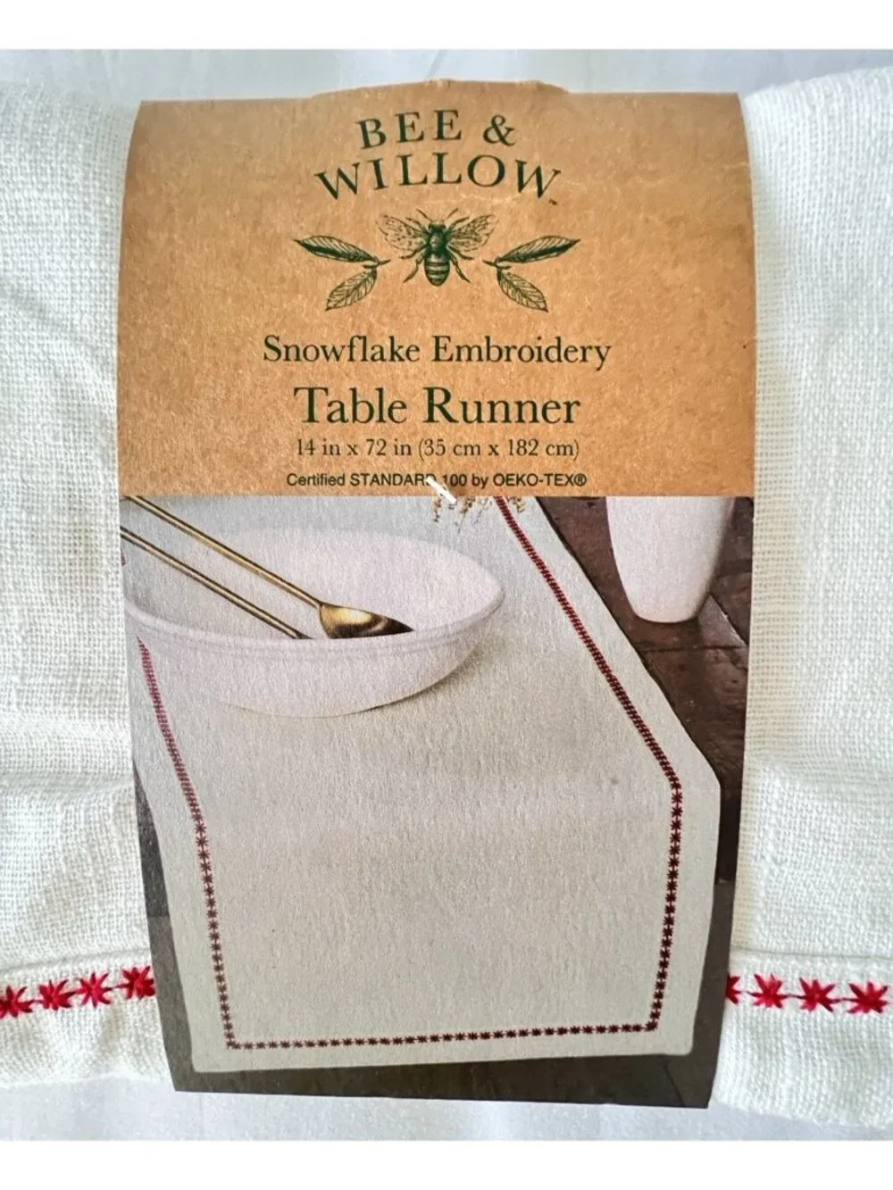 Christmas Embroidery Table Runner 100% Cotton Bee & Willow Snowflake HOLIDAY Red